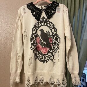 Dolls Kill Widow Cream Distressed Sweater - NWOT